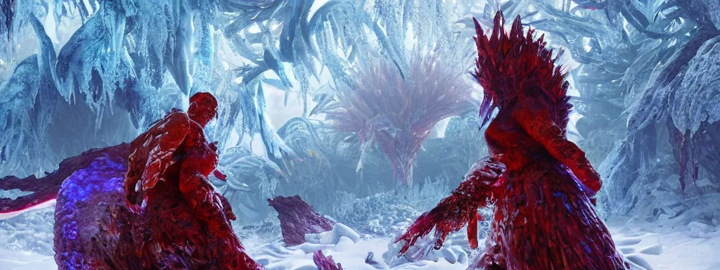 Prompt: large glowing woman made of ice, walking in a dense alien snow covered frosty jungle, with snow covered colourful red, blue and purple plants, large vines, snow covered arched organic rock structures, in the style of monster hunter world, like concept art on artstation, hyperdetailed, vray render, octane render,