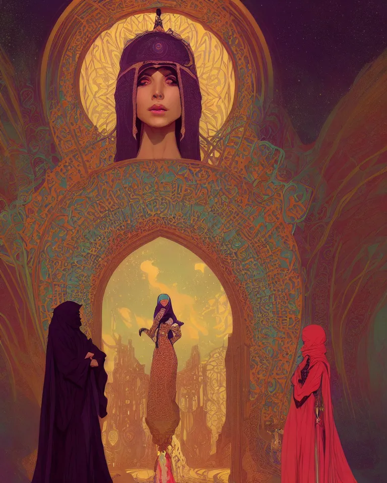 Image similar to portrait of an islamic empress combined with a surreal islamic style ornamental gate in the desert opening into an other dimension. by vincent di fate, james jean, dom qwek greg rutkowski alphonse mucha. ornament, intarsia, ambient lighting, atmospherical, photorealistic fantasy concept art, trending on art station, stunning visuals, creative, cinematic, ultra detailed