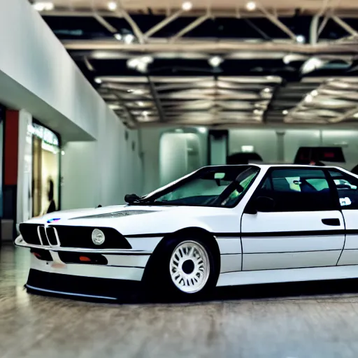 Image similar to bmw m 1 inside a mall, professional photography, vaporwave