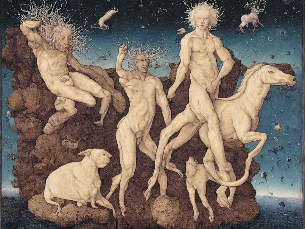 Image similar to Portrait of an albino man with animals on Neptune a million years ago. Painting by Lucas Cranach, Moebius.