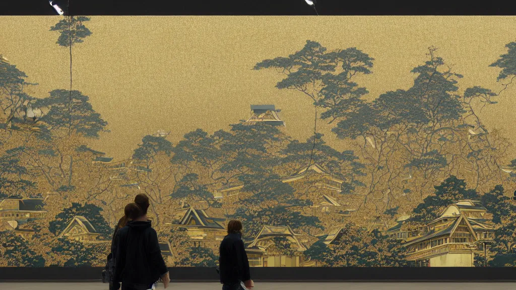 Image similar to a large artwork on the floor of my university, it\'s a kind of mural with gold objects and paint, very high detailed screen print by Kawase Hasui and dan hillier, 8k unreal engine