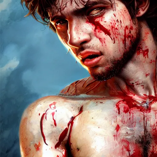 Image similar to UHD closeup of a Photorealistic boy with a giant gaping hole in his chest, heart broken, blood gushing forcefully by Antonio Caparo and Ferdinand Knab and Greg Rutkowski, UHD, photorealistic, trending on artstation, trending on deviantart