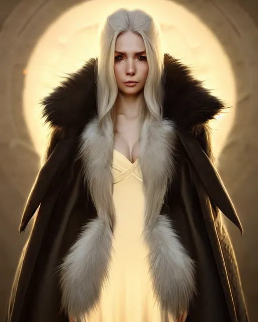 Prompt: dragon hunter wearing a fur - lined dragonhide jacket!!! beautiful and gorgeous elegant white long haired female!! symmetry, character concept art, sharp focus, illustration, art by artgerm! greg rutkowski magali villeneuve wlop! ilya kuvshinov!! charlie bowater! octane render, unreal engine 5! highly rendered!!