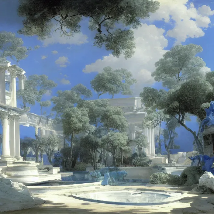 Prompt: gardens of marble draped in flowing sheets of cobalt blue satin and silver satin, by syd mead and ivan aivazovsky and alma tadema and pieter claesz, hyperrealistic, volumetric light, octane render