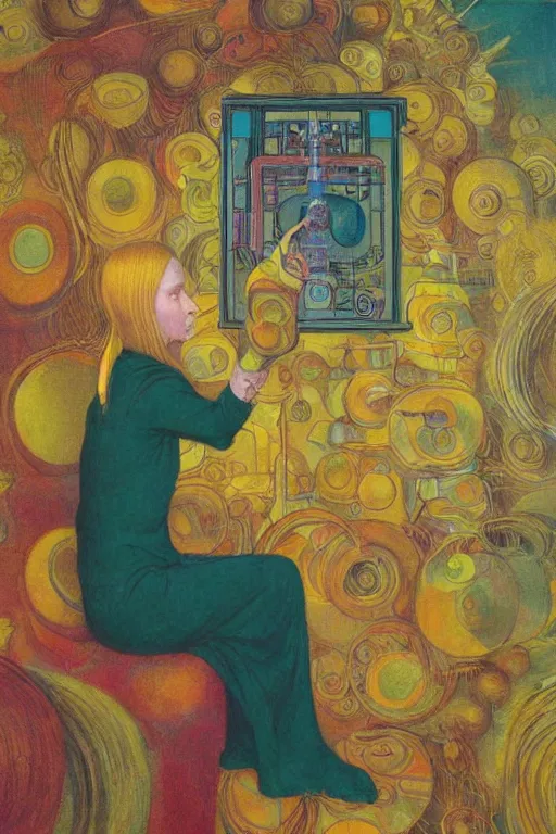 Prompt: realistic portrait of an engineer woman fixing the samsara holy cluster, fine portrait, concept art, stunning, visionary, dimmed palette, by brecht evens, by jean delville, by francis bacon