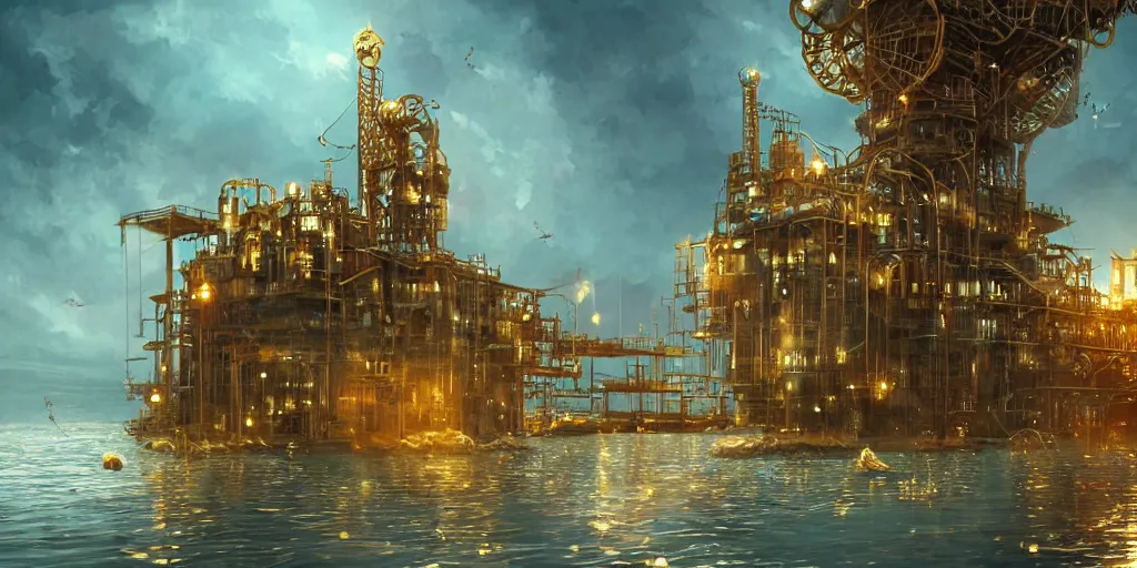 Prompt: golden steampunk oilrig in the sea, coins flying, intricate, very very beautiful, elegant, highly detailed, digital painting, artstation, concept art, smooth, sharp focus, illustration, WLOP