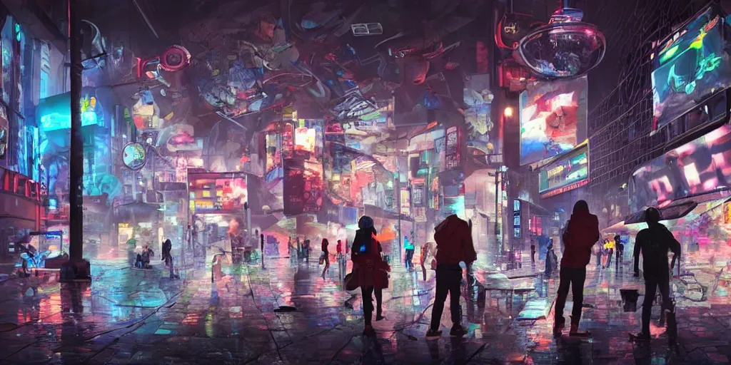 Image similar to teenagers with tech clothing and hoods and futuristic gas masks painting giant graffitis on the walls of a dystopian city, neon lights, sci - fi, night lights, rain and haze, concept art, intricate, in the style of katsuhiro otomo, akira, unreal engine