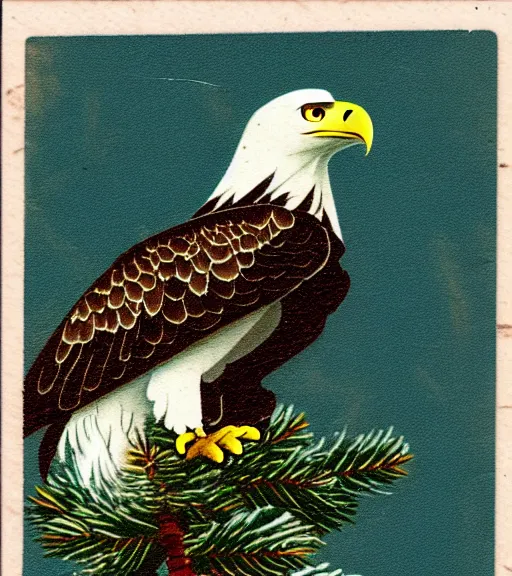 Prompt: damaged postcard of 'an eagle in the nest of a snowy pine tree' laying on coffee table, zoomed out shot