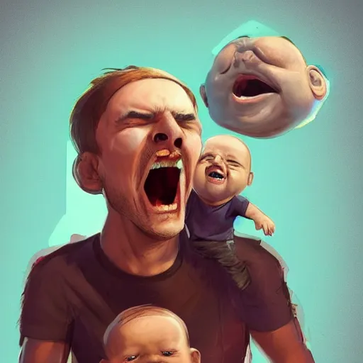 Image similar to Father yelling energetically with a big mouth at his little son who keeps his head down., exaggerated by Sebastian Krüger and Bruno Tesse trending on artstation, hyperdetailed, humor, perfect composition