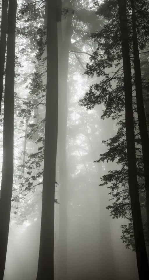 Image similar to a beautiful Manhattan brownstone in the middle of the redwood forest, foggy, magic hour, backlit, beams of light, godrays