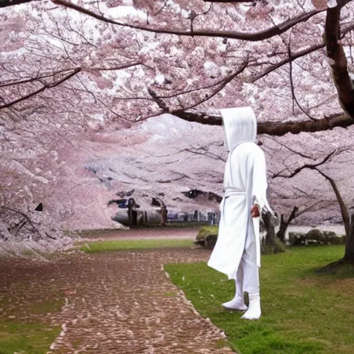 Prompt: a beautiful White cloaked Samurai Warrior with Sword Drawn in a garden of Cherry Blossom Trees :: Mystical, Magical, Supernatural :: by Tomomi Abe