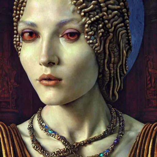 Prompt: masterpiece baroque neoclassicist close - up renaissance portrait of a primitive art deco android priestess, glowing eyes. reflective detailed textures, highly detailed fantasy science fiction painting by moebius, annie swynnerton, norman rockwell and saturno butto and jean delville, elaborate geometric ornament, rich colors. artstation