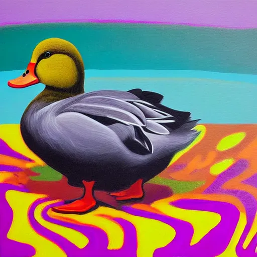 Prompt: a duck on the prowl oil painting jim lambie