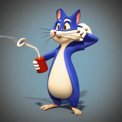 Prompt: a 3 d model of tom from tom & jerry looking depressed and smoking a cigarette