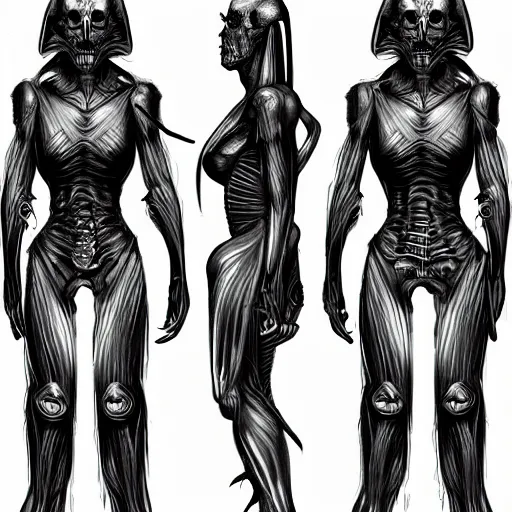 Image similar to human inspired by HR Giger, Character Sheet