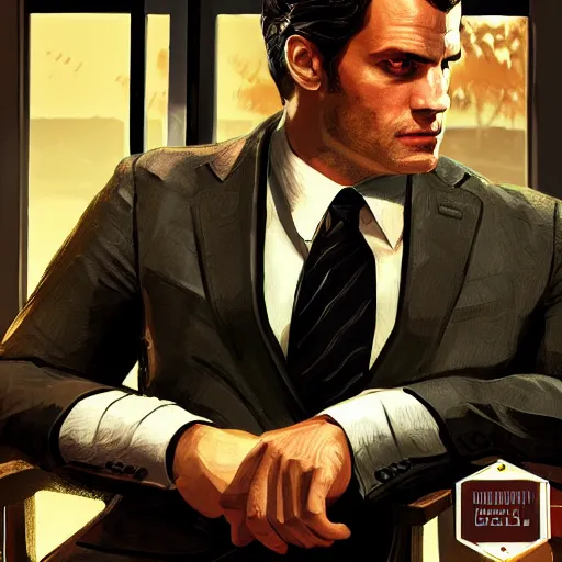 Image similar to Henry Cavill as the Godfather, gta 5 cover style, highly detailed, digital painting, Trending on artstation , HD quality, dramatic light, octane