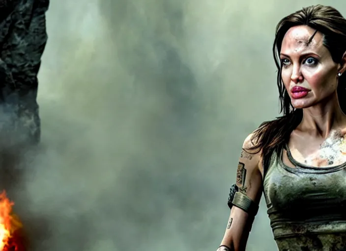 Image similar to film still of!!!! angelina jolie!!! as lara croft in new tomb raider movie, 8 k