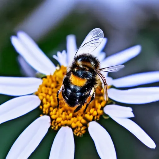 Image similar to a bee finding a beautiful snowflake flower, only snow in the background, beautiful macro photography, ambient light