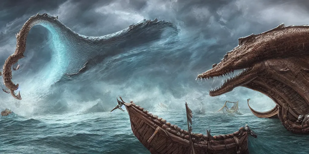 Prompt: a highly detailed matte painting of a colossal sea serpent swimming close to noah's ark, inspiration ark encounter, 8 k hd, concept art, artstation, deviantart, cg society,