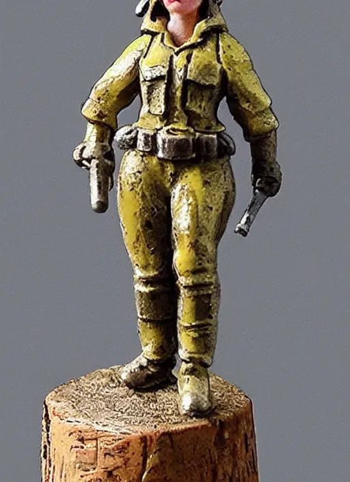 Prompt: Fine Image on the store website, eBay, Full body, 80mm resin detailed miniature of a Muscular female miner, wearing yellow helmet.