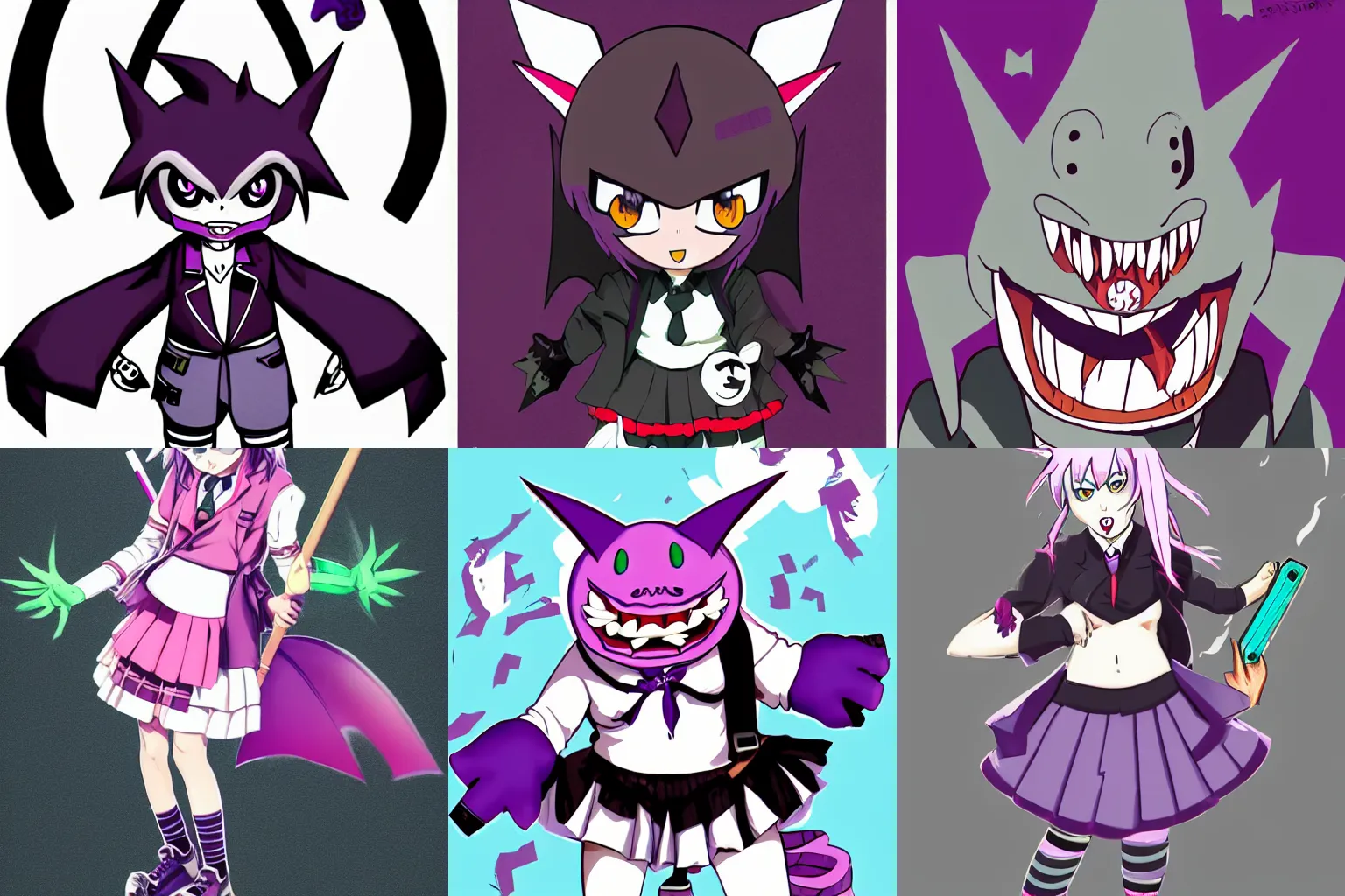 Prompt: Gengar, school girl, punk, full body Illustration, epic, Illustration, spooky, anime, manga, Ken Sugimori, artstation, hd