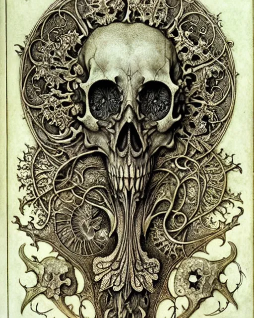 Image similar to memento mori by arthur rackham, art forms of nature by ernst haeckel, exquisitely detailed, art nouveau, gothic, ornately carved beautiful skull dominant, intricately carved antique bone, art nouveau botanicals, ornamental bone carvings, art forms of nature by ernst haeckel, horizontal symmetry, arthur rackham, ernst haeckel