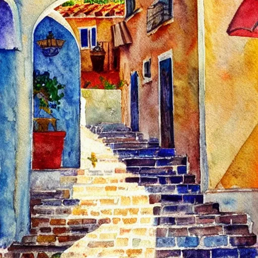 Image similar to old greek town by the sea on a hot summer day, watercolor painting, morandi color palette, very beautiful masterpiece by a very talented artist, extremely detailed stunning, dreamy, melancholy , poetic, nostalgic