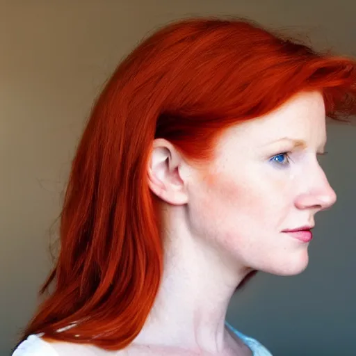Prompt: very beautiful redhead woman looking back over her shoulder, eye contact