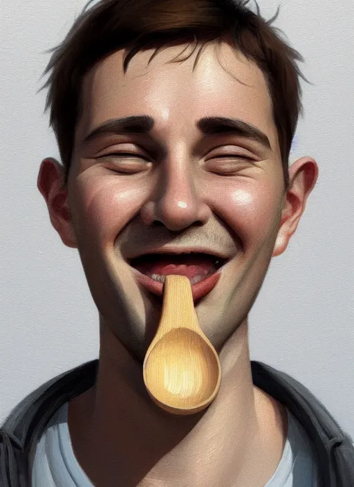 Image similar to portrait of a russian young man with a spoon on top of his nose, big grin, wrinkled eyes, wise forehead, big lips, round portruding chin, white background, youthful colours, thin sharp lines, digital painting, artstation, matte, sharp focus, illustration, realistic anime artstyle