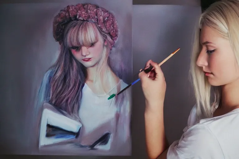 Prompt: pretty blonde 2 5 - year - old artist at work. she paints a realistic autoportrait, shot on 3 5 mm analogue camera