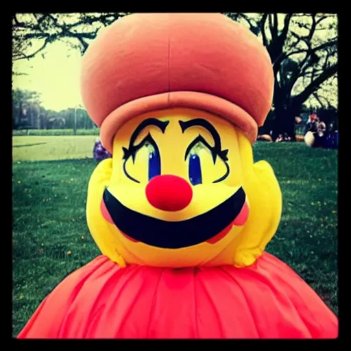 Prompt: princess peach cosplaying as a hamburger, a clown cries in the background, cuil = 5