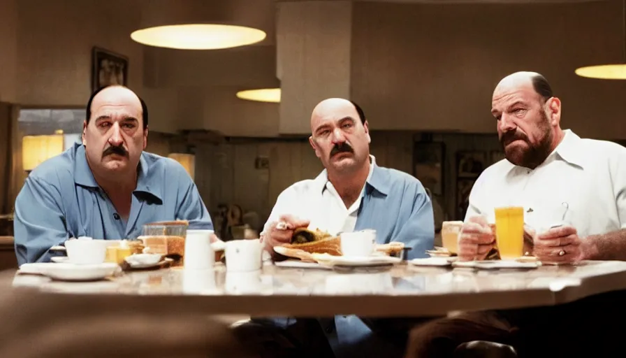 Prompt: tony soprano and walter white having breakfast at a diner, 4 k, film still, real, film footage