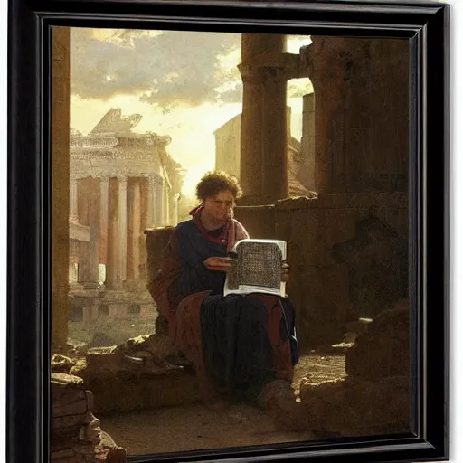 Image similar to half portait of magican wearing a closed cowl and reading big old book! jeremy mann, jean leon gerome, tiepolo, alphonse mucha, greg rutkowski, face in the shadows, ( ( ruins of ancient rome ) ), at dusk, mysterious atmosphere, sunrays, dof, masterpiece, high detailed, 8 k