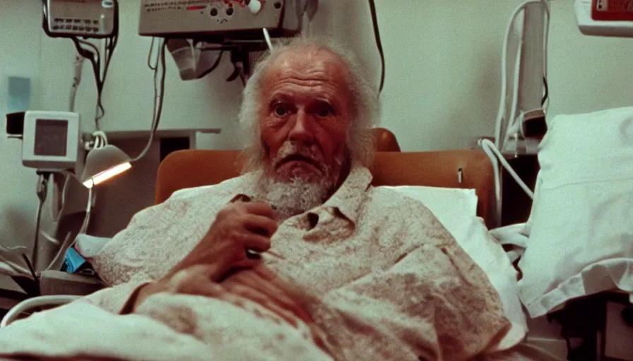 Prompt: 7 0 s movie still of a old root man in the hospital, cinestill 8 0 0 t 3 5 mm eastmancolor, heavy grain, high quality, high detail