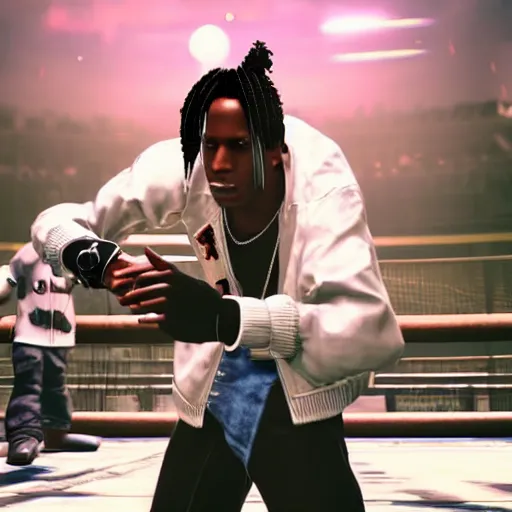 Prompt: a videogame still of A$AP Rocky in Tekken 7, 40mm lens, shallow depth of field, split lighting