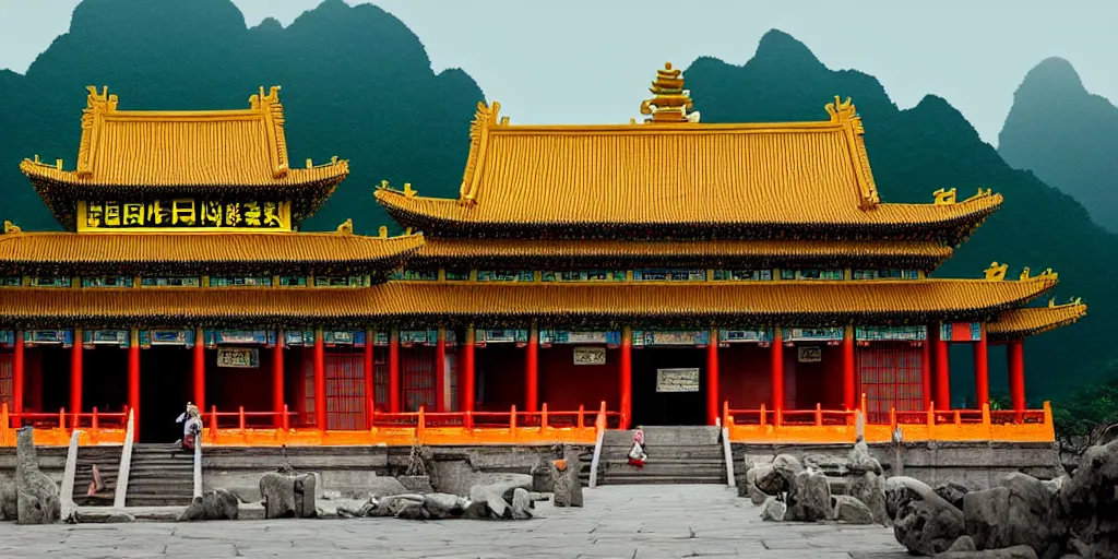 Image similar to a very high resolution image from a new movie, upside - down old yellow chinese temple, beautiful scenery, photorealistic, photography, directed by wes anderson