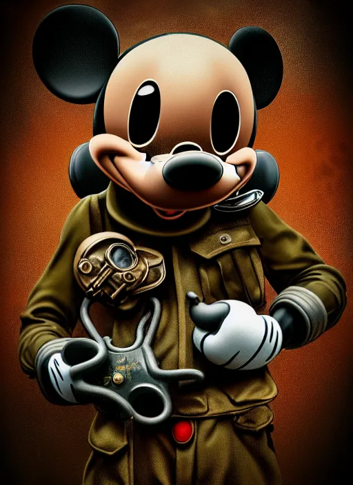 Image similar to 1 9 4 5 wartime mickey mouse head, gas mask, automotive, flower pop, porcelain, fractal, leathery, wet, broken, melting, rococo, mycelium, baroque, sumerian, radiant alien, magic kingdom, octane render, high detail