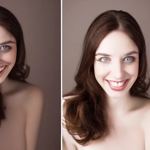 Image similar to Young pale brunette woman smiling, photoshoot, 30mm, Taken with a Pentax1000, studio lighting