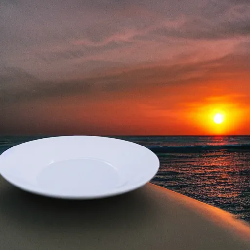 Image similar to photo of a empty white dish over a table with a sunset on the beach in the background