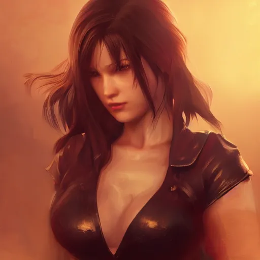 Image similar to charismatic seductive tifa lockhart portrait, atmospheric lighting, painted, intricate, volumetric lighting, beautiful, golden hour, sharp focus, ultra detailed, by leesha hannigan, ross tran, thierry doizon, kai carpenter, ignacio fernandez rios