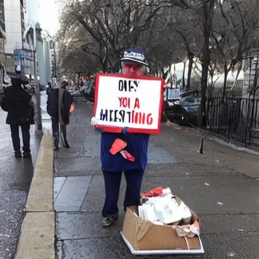 Image similar to donald trump dressed as a homeless man asking for money on the streets