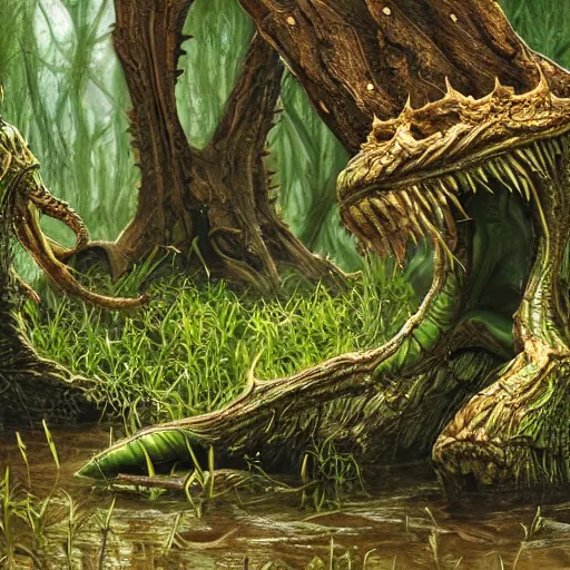 Image similar to strange alien creatures living in a swamp, photo realistic, highly detailed