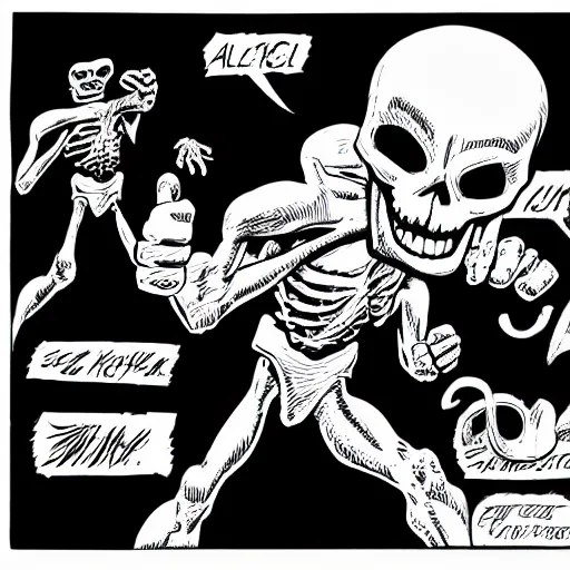 Image similar to a black and white detailed comic cartoon drawing in the style of jack kirby, joe kubert, alex toth, of the skeleton of death giving a thumbs up and smiling, trending on artstation, 4 k