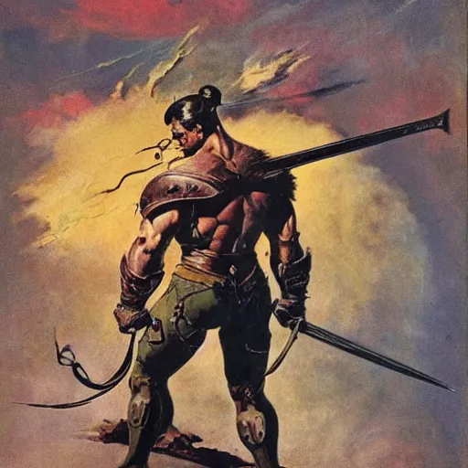 Prompt: into glory ride, artwork by Frank Frazetta, motorcycle, muscular warrior holding sword