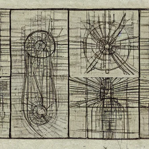 Prompt: leonardo da vinci sketches of neural networks architecture high resolution scans british museum collection