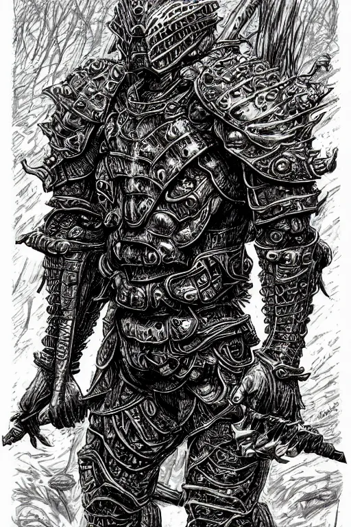 Image similar to humanoid amphibian warrior, wearing armour, swamp, symmetrical, highly detailed, digital art, sharp focus, trending on art station, kentaro miura manga art style