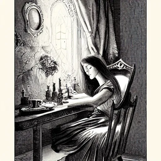 Prompt: 19th century wood-engraving , whole page illustration , art in the style of greg rutkowski and thomas kinkade and Larry Elmore, a portrait of an elder fairy asleep on a chair, her wand and accessories beside her.