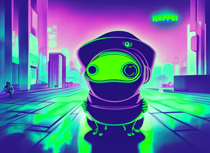 Image similar to futuristic pepe the frog, cyberpunk, vaporware, digital computer world, neon, dylan kowalski, marat zakirov, albert ramon puig, trending on artstation, 8 k