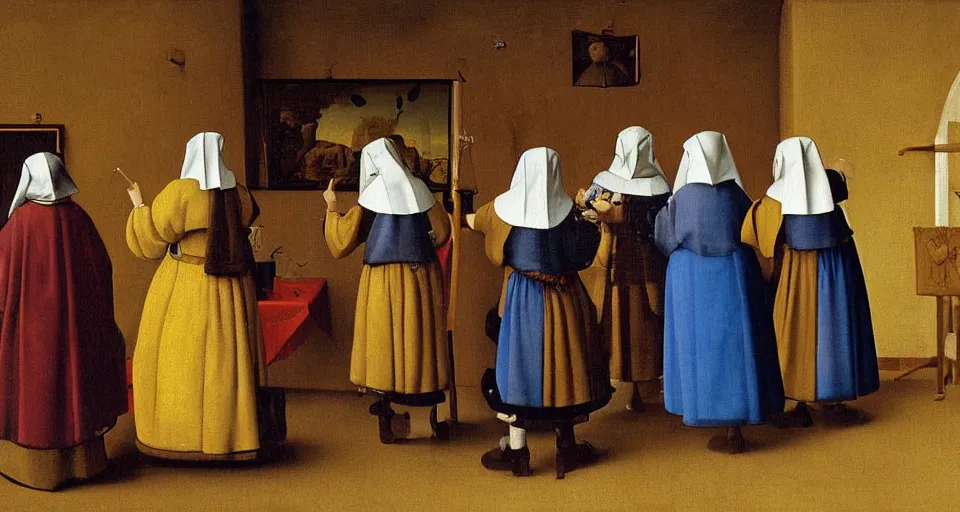 Image similar to a painting of nuns doing something punk, medieval painting by Jan van Eyck, Johannes Vermeer