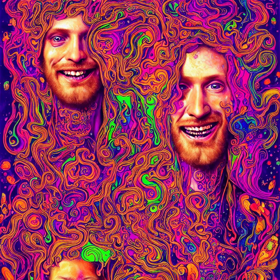 Prompt: happy psychedelic portrait of stoner tripping on lsd and becoming mushrooms, smiling franticly, diffuse lighting, fantasy, intricate, elegant, highly detailed, lifelike, photorealistic, digital painting, artstation, concept art, smooth, sharp focus, art by john collier and albert aublet and krenz cushart and artem demura and francis bacon